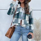 Plaid Lapel Cropped Jacket Green