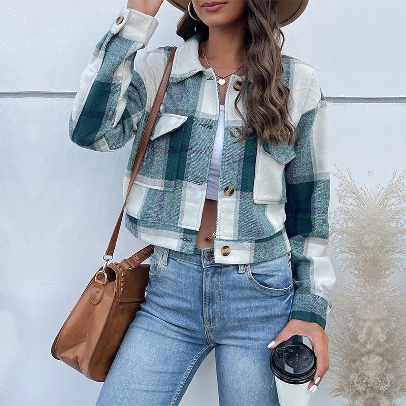 Plaid Lapel Cropped Jacket Green
