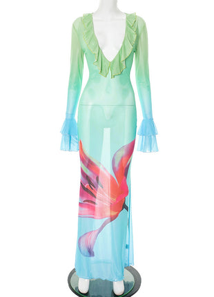 SS Printed Mesh Dress Blue