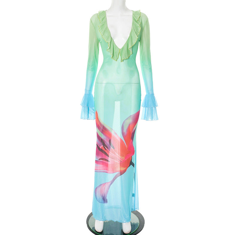 SS Printed Mesh Dress Blue