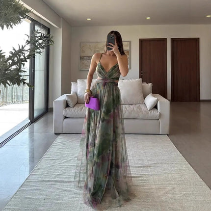 Mesh Printing Slip Holiday Leisure Party Dress