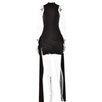Sleeveless Bodycon Mini Dress With Side Slit & Tie Detail Brown with ribbon