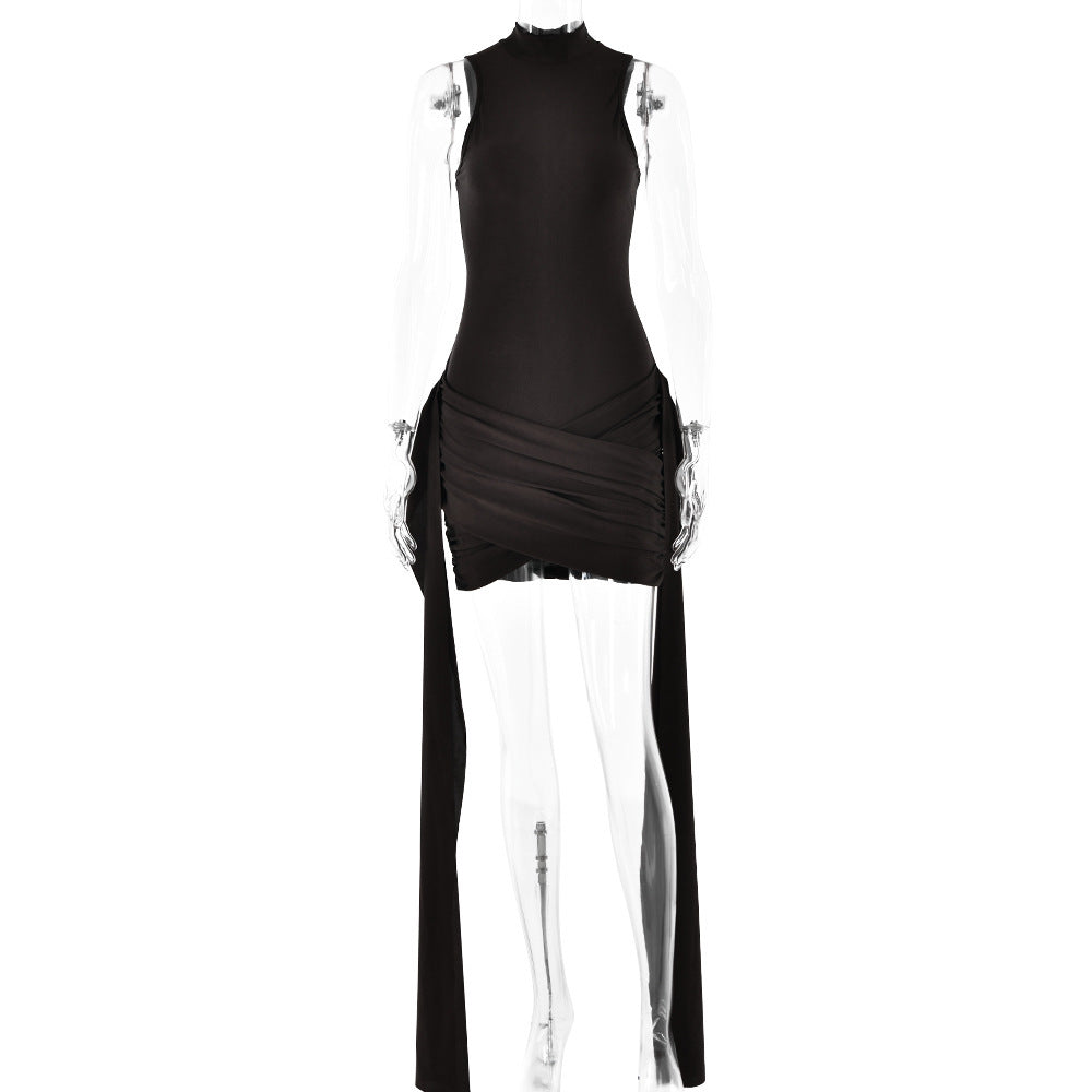 Sleeveless Bodycon Mini Dress With Side Slit & Tie Detail Brown with ribbon