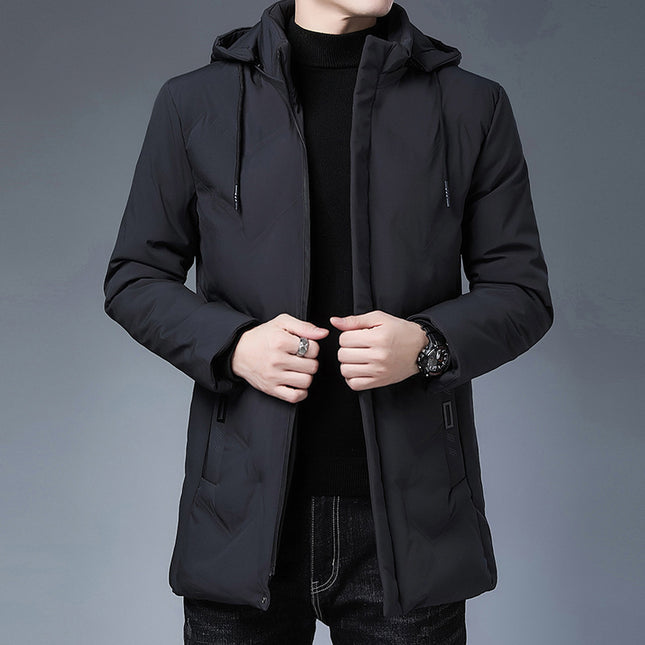 Men's Casual Thickening Mid-length Hooded Detachable Warm Jacket Gray