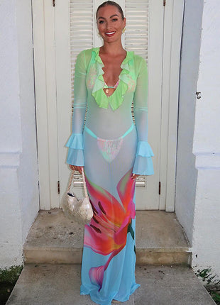 SS Printed Mesh Dress Blue S