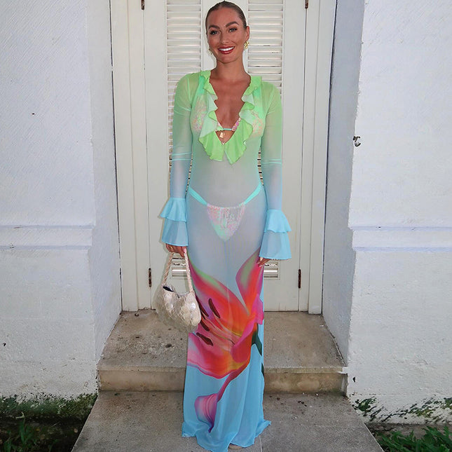 SS Printed Mesh Dress Blue S