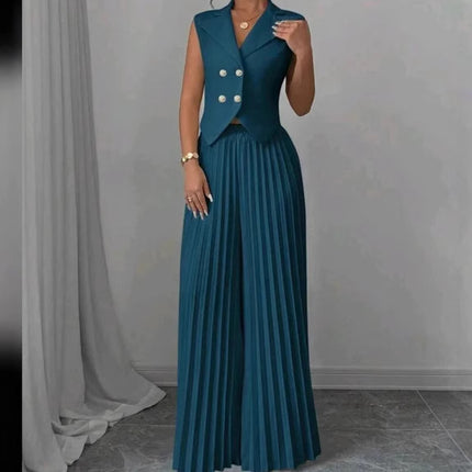 Lapel Button Vest Top And Pleated Pants set