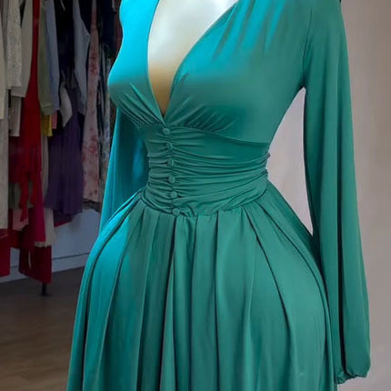 Women's French-Style Puff Sleeve V-Neck Mini Dress | 6 Colours