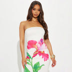 Women’s Printed Contrast Color Backless Long Tube Top Length Dress White S