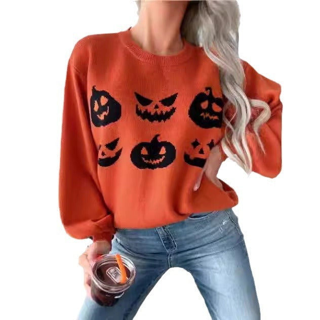 Orange Halloween Pumpkin Face Sweater