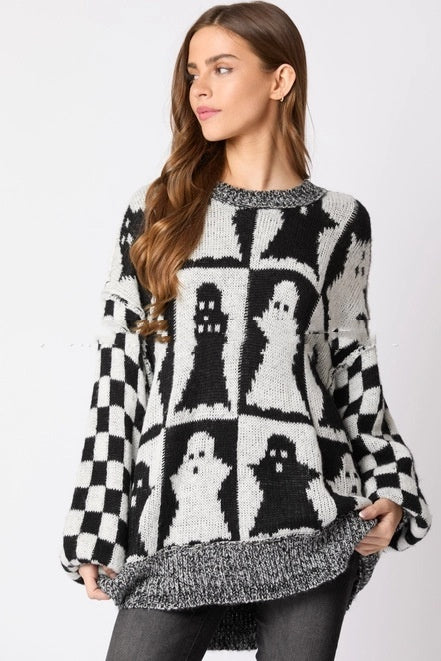 Women's Halloween Ghost Plaid Crew Neck Sweater Black white
