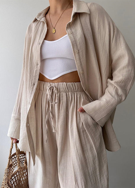 Women's Casual Simple Lapel Long Sleeve Shirt Trousers Suit Khaki