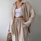 Women's Casual Simple Lapel Long Sleeve Shirt Trousers Suit Khaki