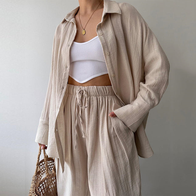 Women's Casual Simple Lapel Long Sleeve Shirt Trousers Suit