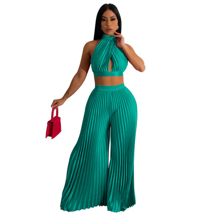 Women's Halter Silk-like Pleated Wide-leg Pants Two-piece Set Green