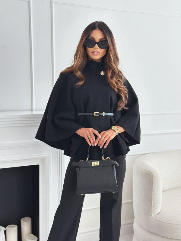New Batwing Sleeves Cloak Top With Belt Jacket Woolen Black