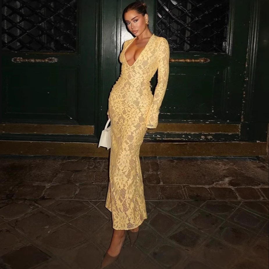 Sexy Style Mesh Lace Hollow Dress Yellow S