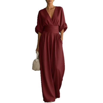 Women's High Waist Wide-Leg Jumpsuit | Three-Quarter Sleeve, Pleated