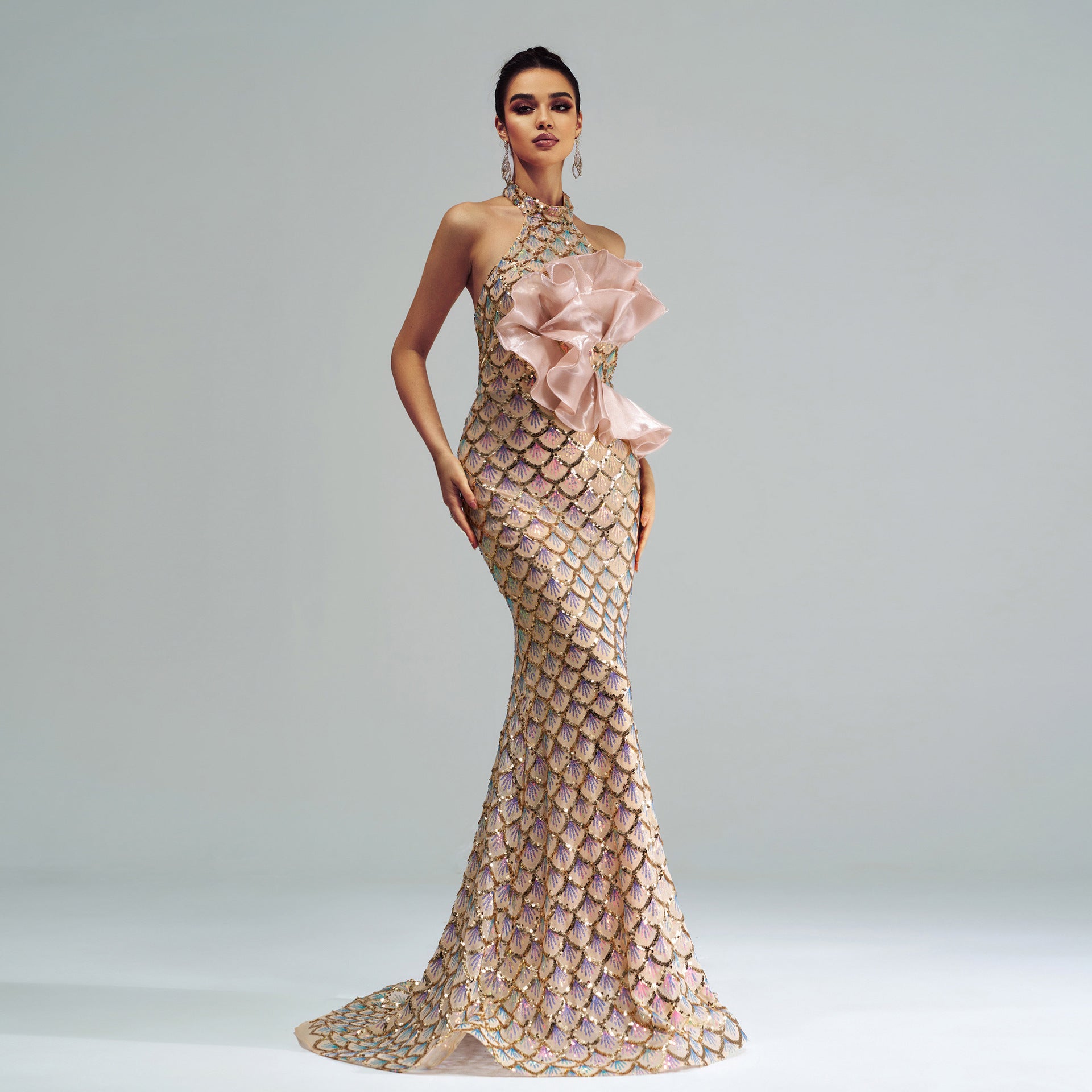 Women's Halter Sequined Mermaid Evening Dress