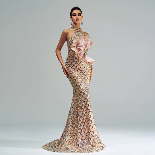 Women's Halter Sequined Mermaid Evening Dress