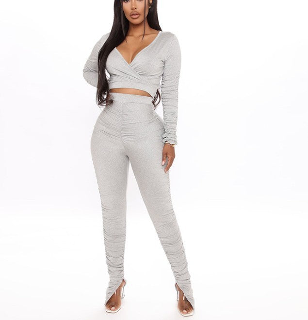 V-Neck T-Shirt + Split Trousers Suit Grey