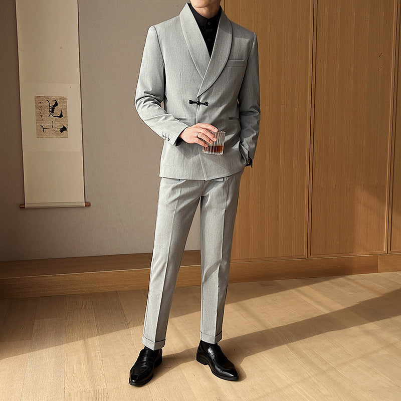Men's Retro Collar Suit Two-piece Set Gray Suit