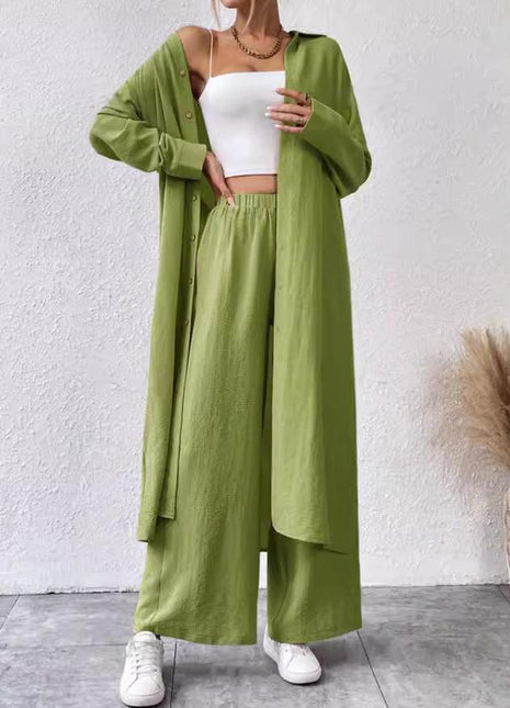 women's Long Shirt Wide Leg Pants Two-piece Set Green