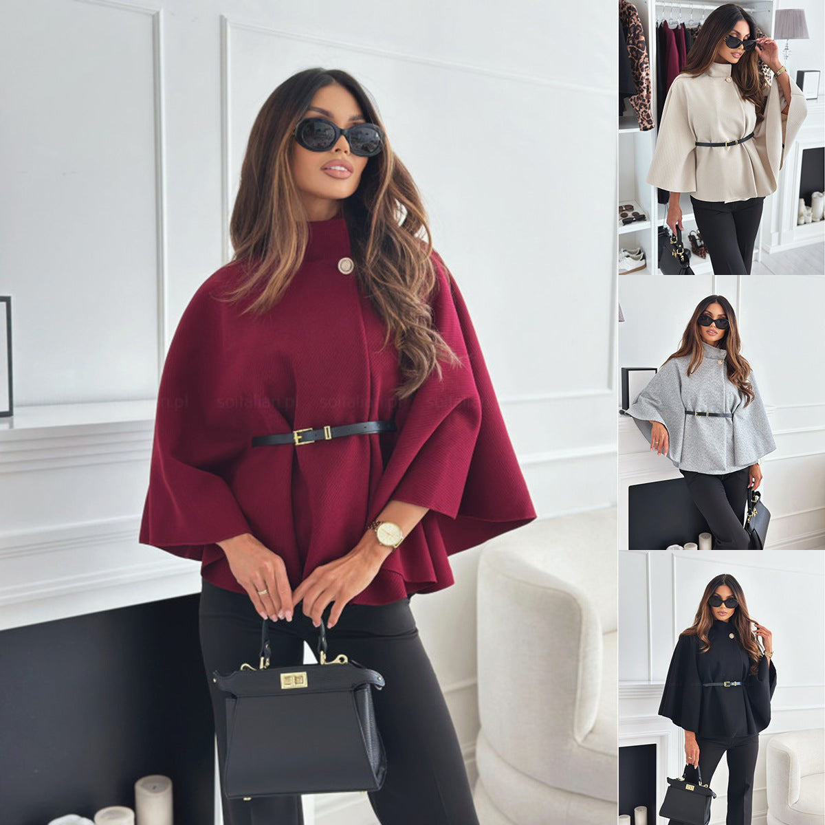 New Batwing Sleeves Cloak Top With Belt Jacket Woolen
