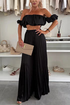 Women's Satin Tube Top Wide Leg Pants Suit Black