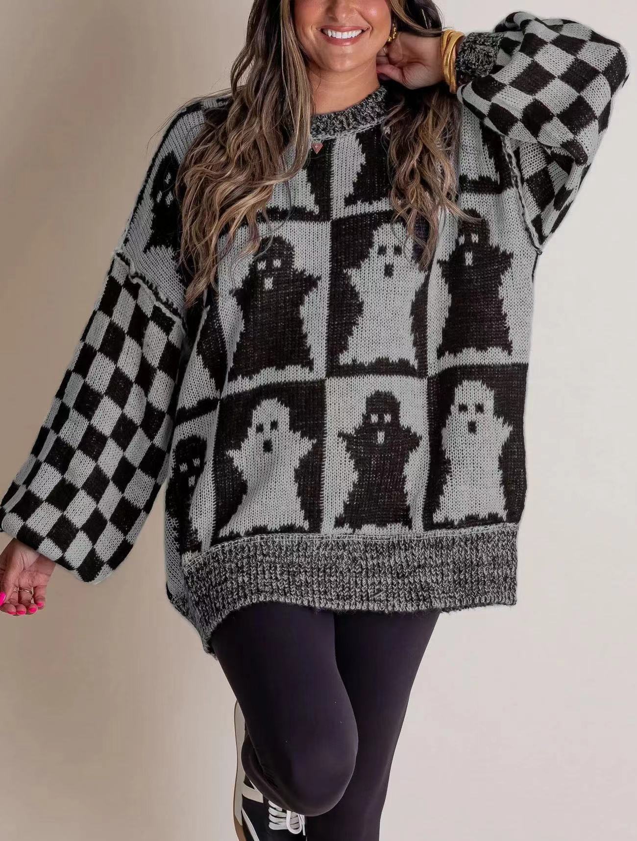 Halloween Cartoon Pumpkin Ghost Sweater Dark Gray