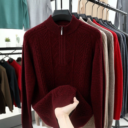 All Wool Men's Half Zipper Sweater Wine red