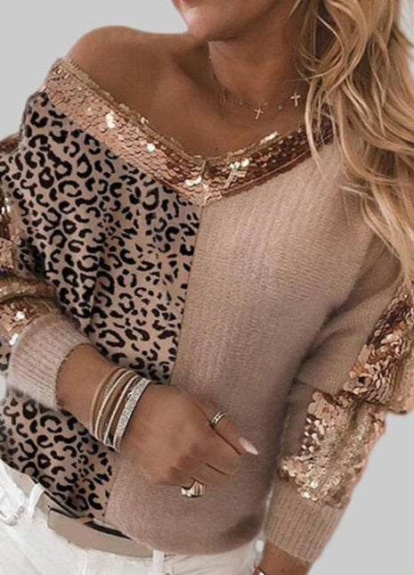 Women's Sequins Splice Leopard sweater Khaki