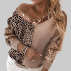 Women's Sequins Splice Leopard sweater Khaki