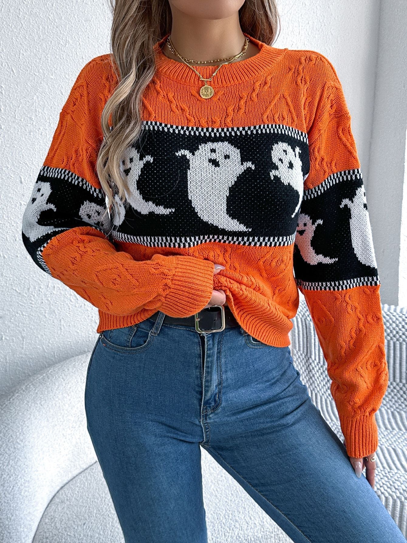 Halloween Knitted Pullover Orange