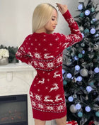 SS Elk Sweater Dress red crew neck style