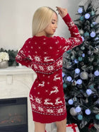 Women's Elk Christmas Tree Jacquard Long Dress Sweater red crew neck style