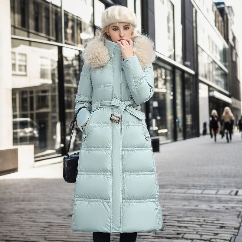 Winter Long Jacket With Fur Hood Light green