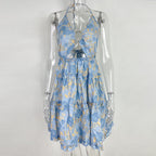 Hollow Out Strap Elegant Halter Printing Slip Dress