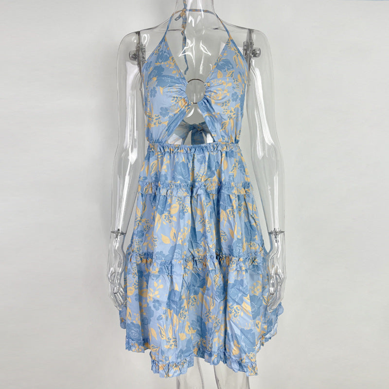 Hollow Out Strap Elegant Halter Printing Slip Dress