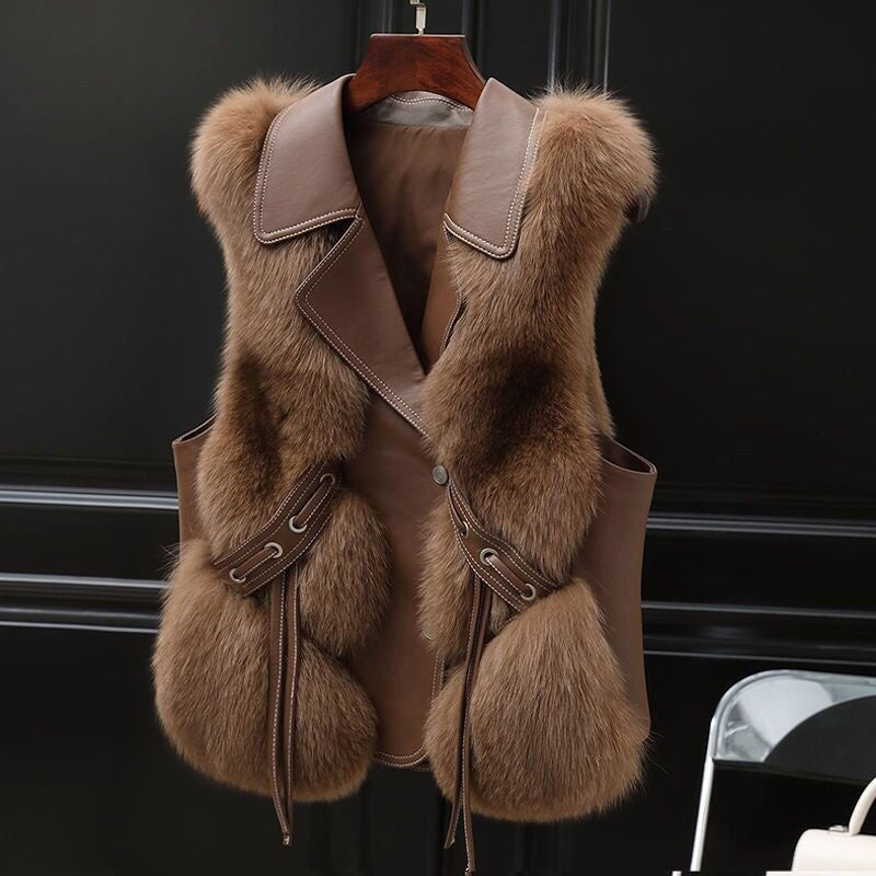 Women’s Patchwork Winter Fox Fur Jacket Women Camel
