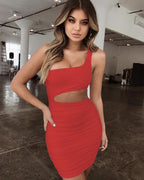 Slim One-shoulder Short Dress Red