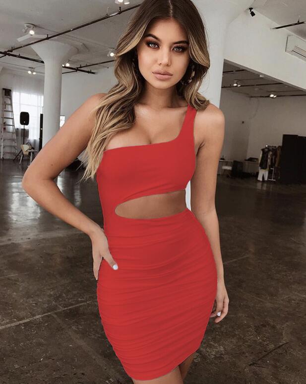 Slim One-shoulder Short Dress Red