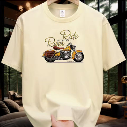 Men's Fashion Casual Motorcycle Pattern Printed T-shirt creamy white