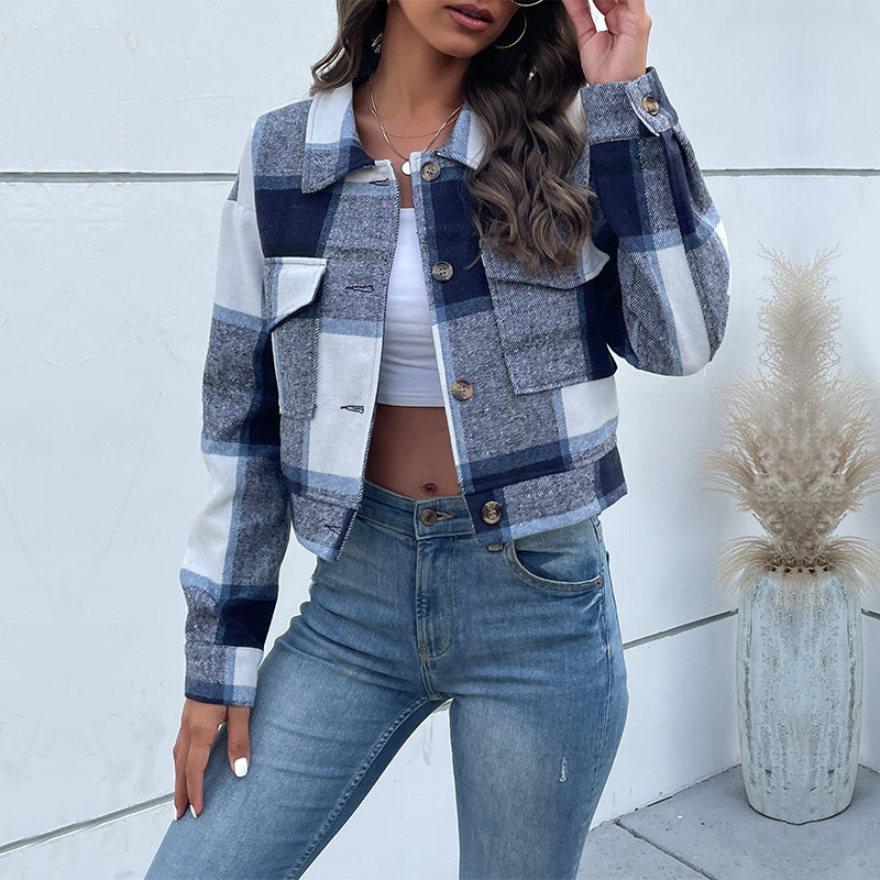 Plaid Lapel Cropped Jacket Navy Blue