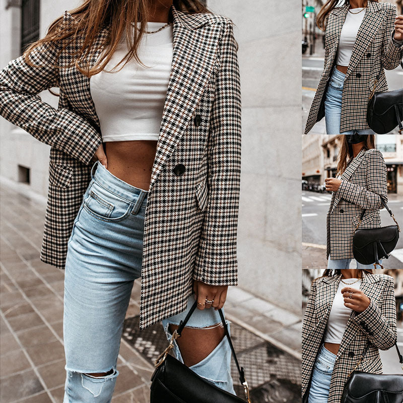Women's Winter Plaid Long Suit Jacket Photo Color