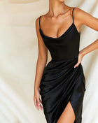 Sexy Slit Satin Dress Black