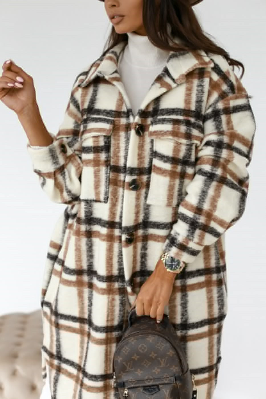 Women’s Button Lapel Casual Warm Plaid Long Woolen Coat Brown