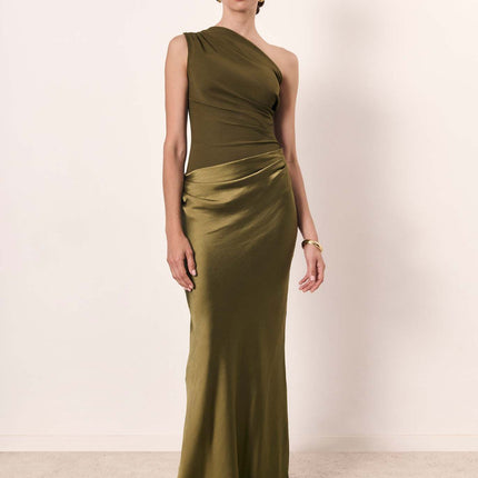 Diagonal Collar Backless Sheath Casual Dress Army green