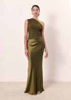 Diagonal Collar Backless Sheath Casual Dress Army green