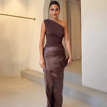 Diagonal Collar Backless Sheath Casual Dress Dark Brown